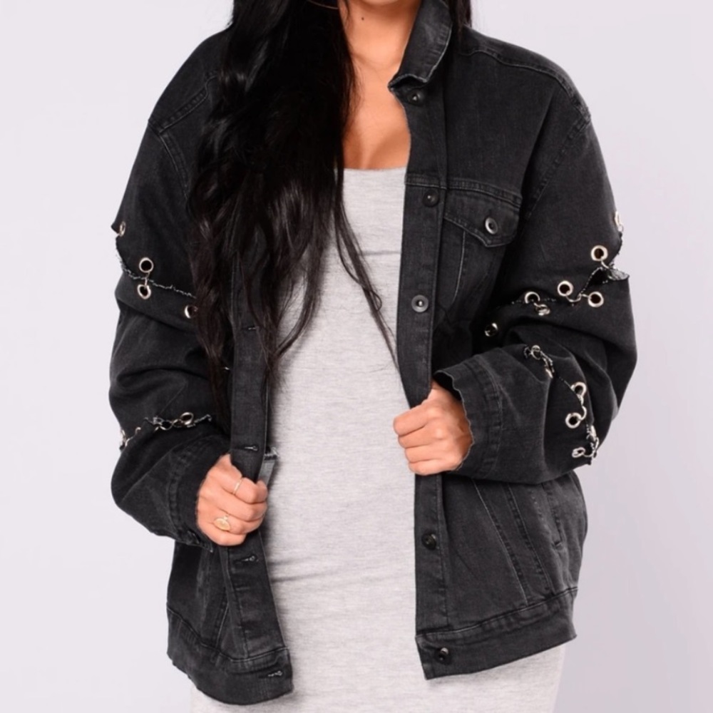 Fashion Nova Black Chain Linked Jean Jacket